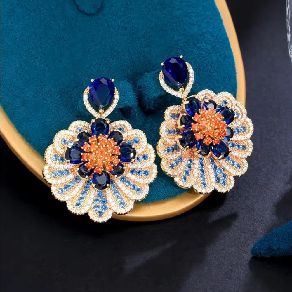 18K Gold Plated Blue Sparkling Floral Paved Zirconia Dangle Earrings